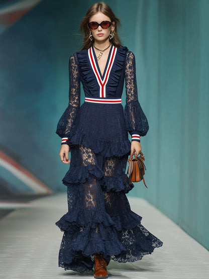 Fashionable And Elegant Red And White Stripes Navy Blue Lace Long-sleeved Maxi Dress