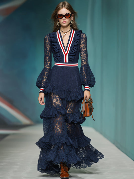 Fashionable And Elegant Red And White Stripes Navy Blue Lace Long-sleeved Maxi Dress