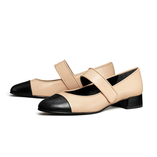 Beige Vegan Leather Black Round Toe Strap Mary Janes for Women