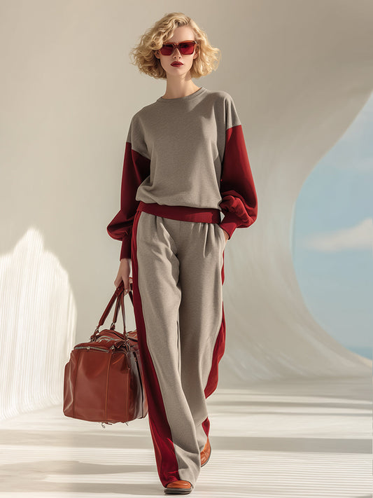 Fashionable Loose Gray Contrast Wine Red Sweatshirt Trousers Casual Set