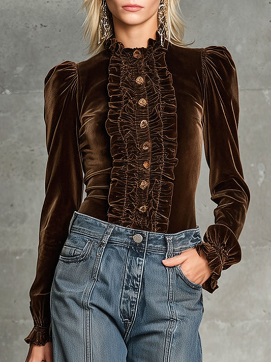 Fashionable Retro Cocoa Brown Velvet Ruffled Long-Sleeved Shirt