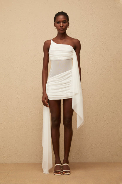 Despoina White Ruched Mesh Mini Dress