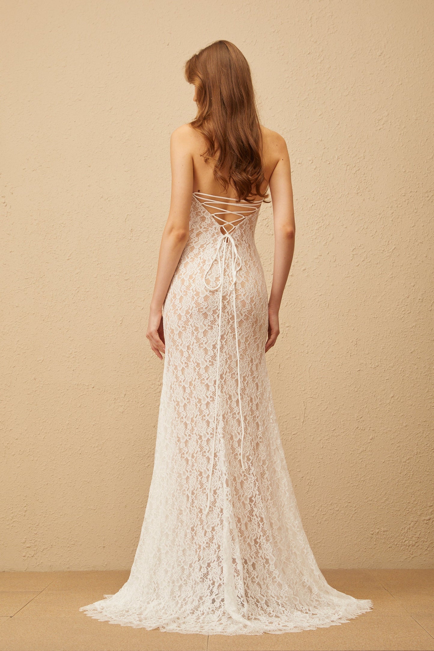 Gaëlle White Train Design Lace Maxi Dress