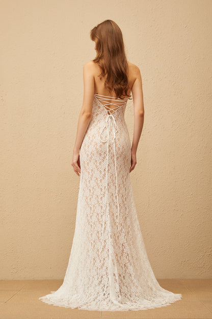 Gaëlle White Train Design Lace Maxi Dress