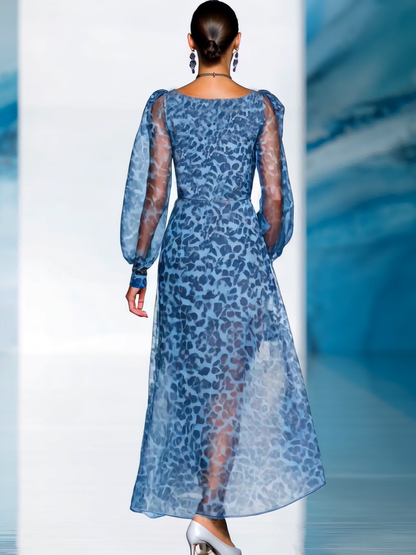 Elegant And Fashionable Chiffon Blue Leopard Print Long Sleeve V-neck Flowing Maxi Dress