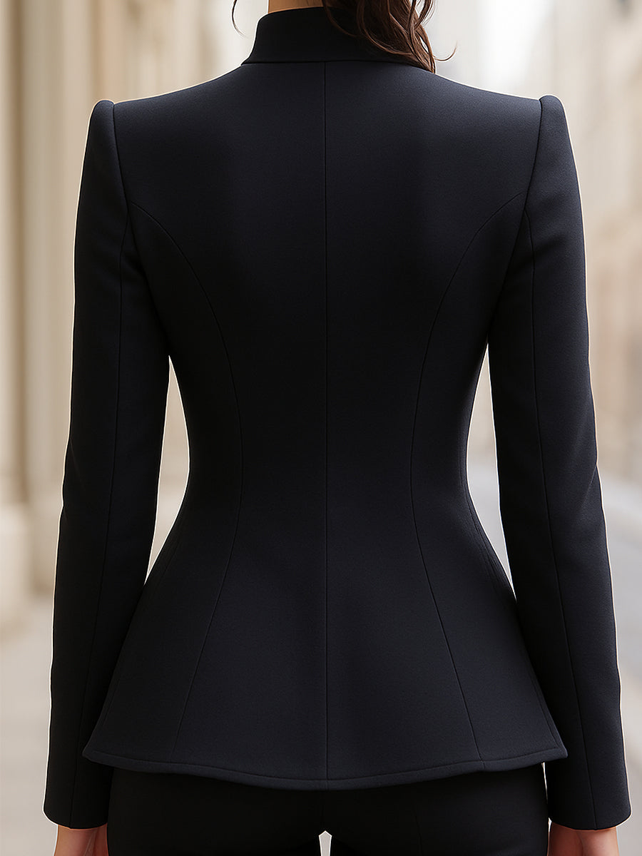 Elegant High-Collar Black Blazer With Gold Statement Buttons