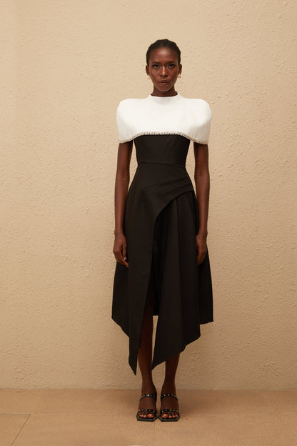 Fabienne Color Block Midi Dress with Embellished Shawl