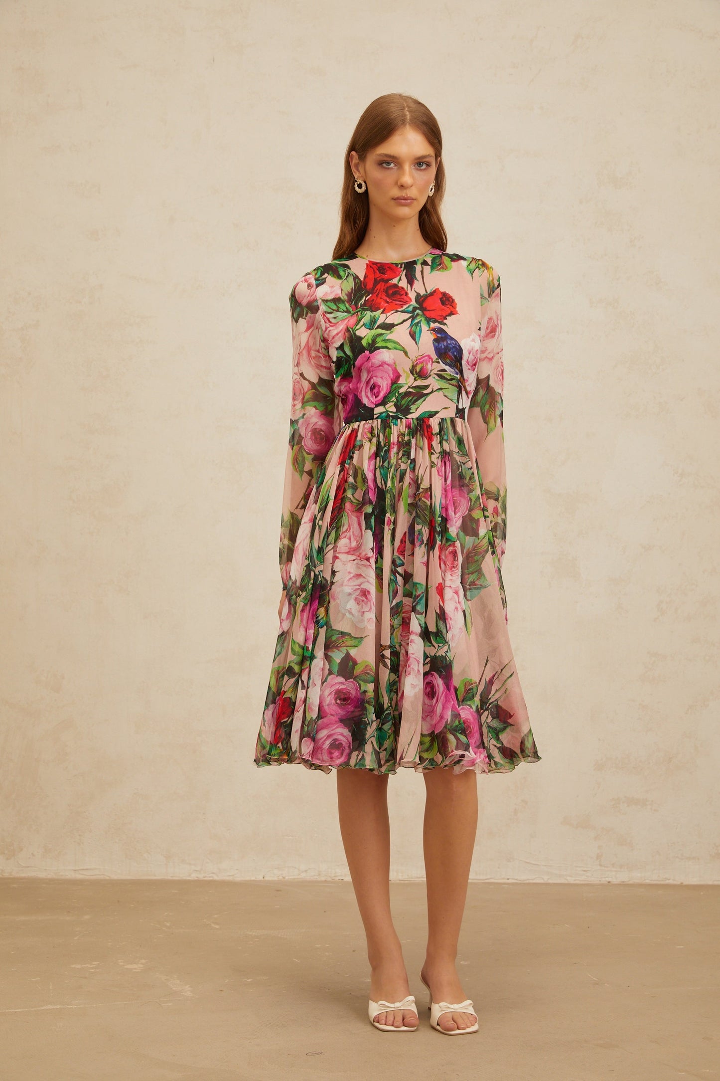 Coralie Pink Rose Print Summer Silk Midi Dress