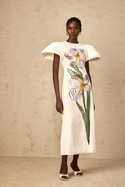 Irène White Sequin Floral Embroidered Midi Dress