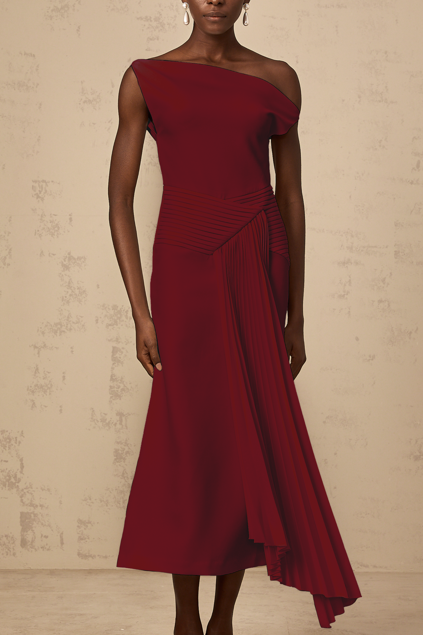 Laurine asymmetrical draped midi dress in Burgundy