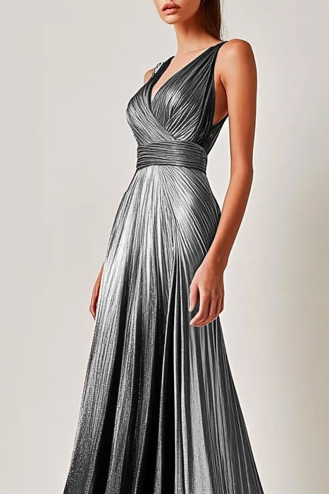 Formal Party V Neck Elegant Silver Metallic Floor-length Dress