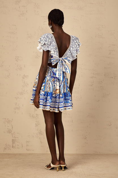 Calliopée Blue Baroque Print Tiered Mini Dress