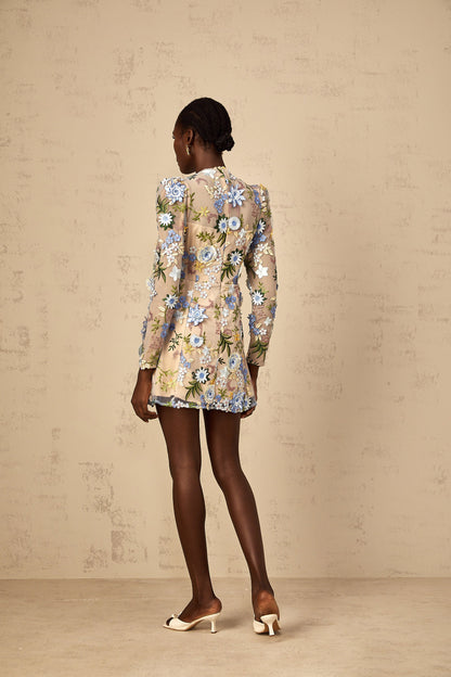 Jolien Blue Floral Appliqué Embroidered Tulle Mini Dress