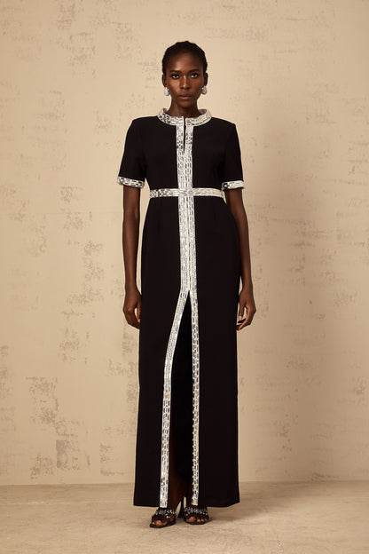 Mylène Black Front Slit Crystal Embellished Maxi Dress