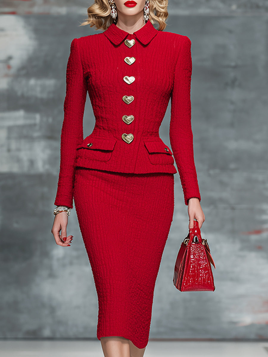 Elegant And Fashionable Heart Button Red Textured Top And Skirt Set