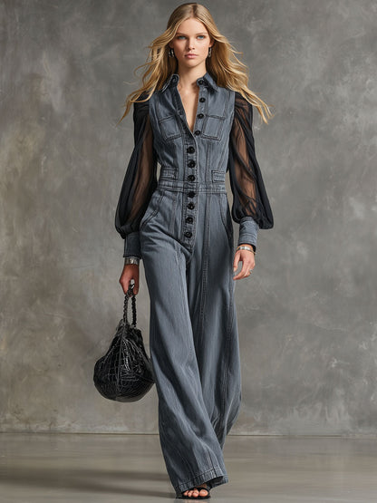Fashion Retro Mesh Long-Sleeved Graphite Gray Wide-Leg Jumpsuit