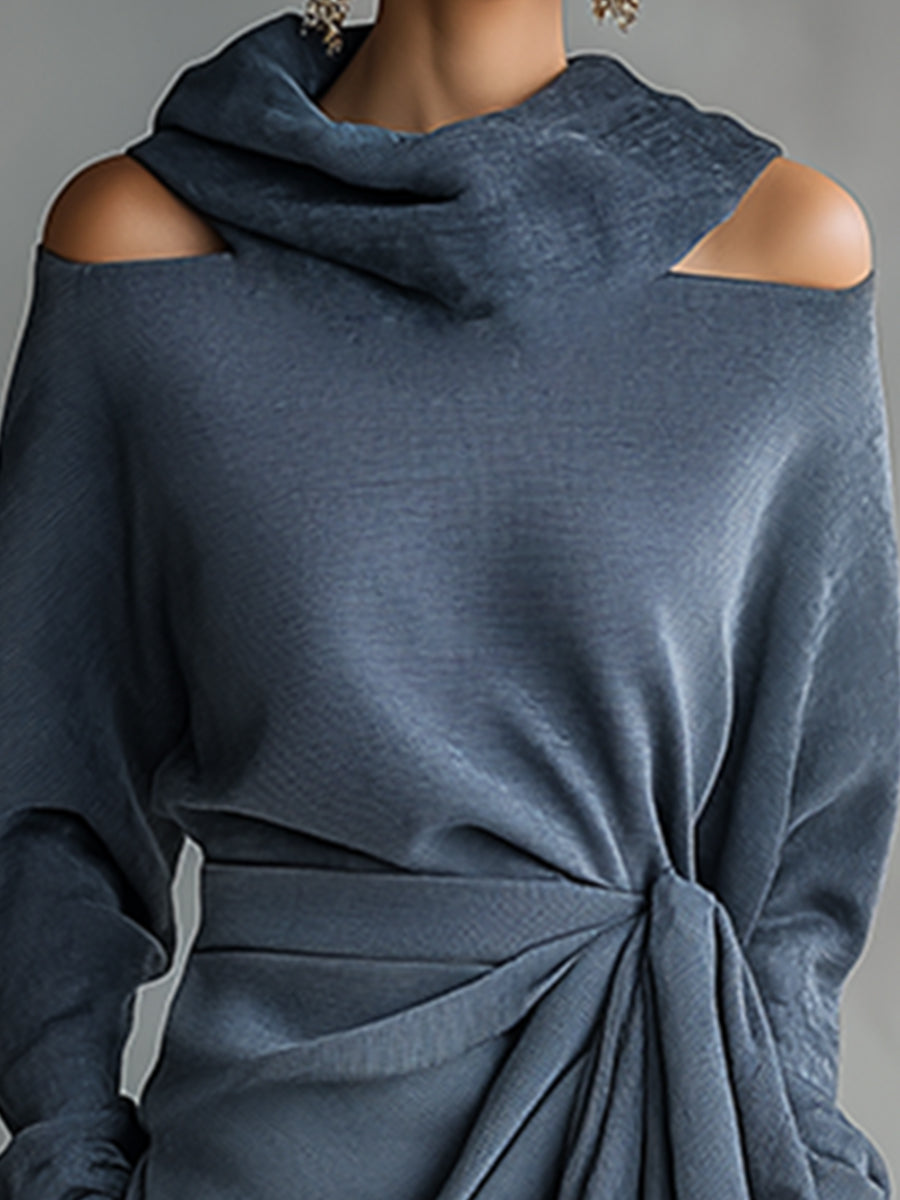 Elegant And Casual Cowl Collar Blue-gray Off-the-shoulder Long-sleeved Maxi Dress