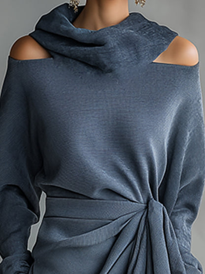 Elegant And Casual Cowl Collar Blue-gray Off-the-shoulder Long-sleeved Maxi Dress