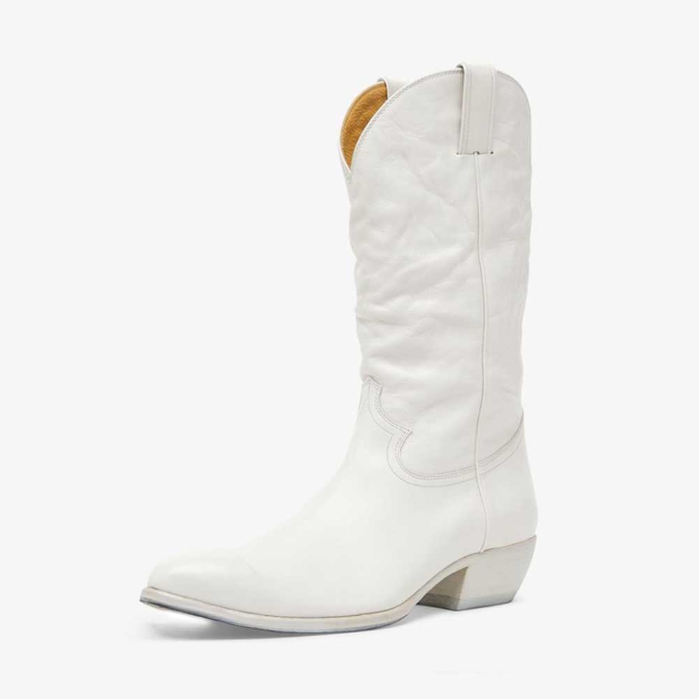 Elegant White Low Chunky Heel Round Toe Mid-Calf Cowgirl Boots