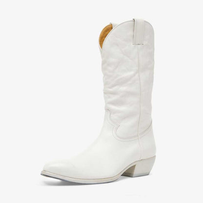 Elegant White Low Chunky Heel Round Toe Mid-Calf Cowgirl Boots