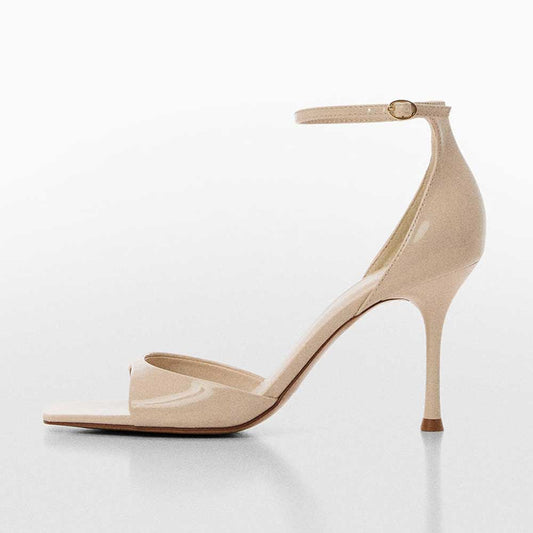 Beige Patent Leather Square Toe Stiletto Heel Ankle Strap Sandals