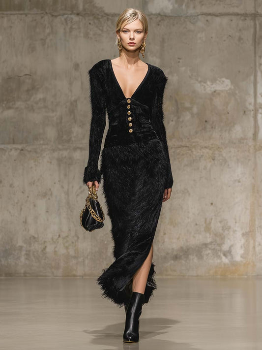 Elegant And Exquisite Retro V-neck Front Metal Buckle Black Velvet Splicing Faux Fur Hem Slit Maxi Dress