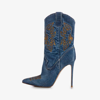 Denim Pointed Toe Stiletto Heel Embroidered Cowgirl Boots in Blue