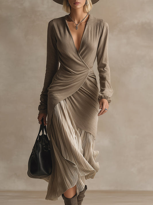 Elegant And Exquisite Deconstructed Pleated Hem Khaki Long-sleeved Maxi Dress