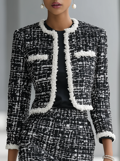 Elegant Tweed Round Neck Jacket And Skirt Set