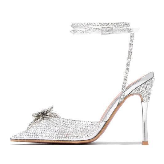 Elegant Silver Pointed Toe PVC Rhinestone Wrap Strap Pumps Heels