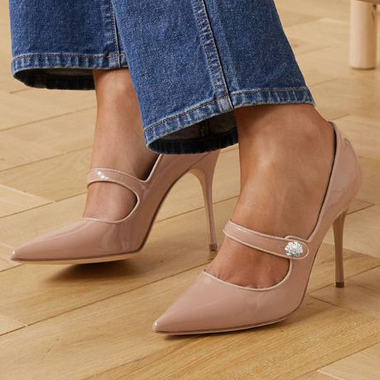 Beige Pointed Toe 3'' Stiletto Heel Mary Jane Pumps