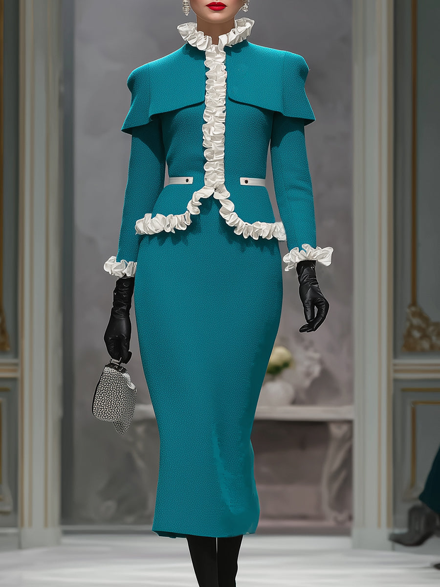 Designer Peacock Blue Ruffled Jacket And Skirt Set