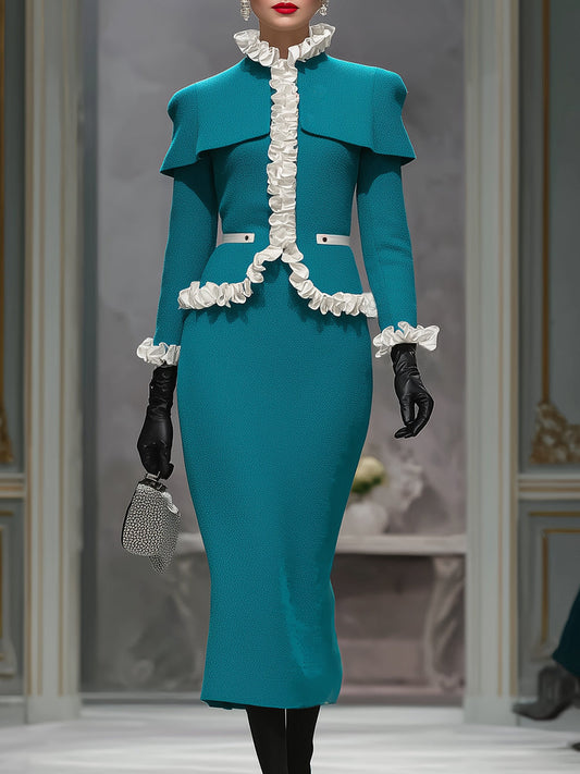 Designer Peacock Blue Ruffled Jacket And Skirt Set