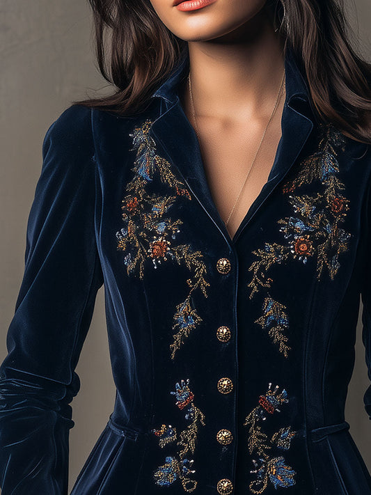 Baroque Floral Embroidered Navy Velvet Fitted Blazer