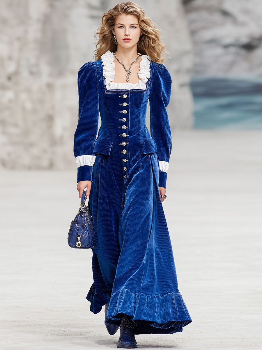 Fashion Retro Royal Blue Corduroy Ruffle Long Sleeve Maxi Dress