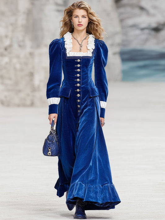Fashion Retro Royal Blue Corduroy Ruffle Long Sleeve Maxi Dress
