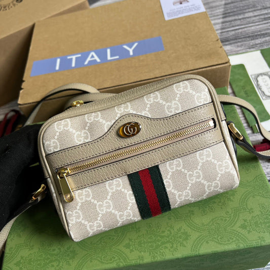 gg Ophidia Mini gg Bag Beige And Ebony gg Supreme Canvas, With Beige For Women  7in/17.5cm gg 