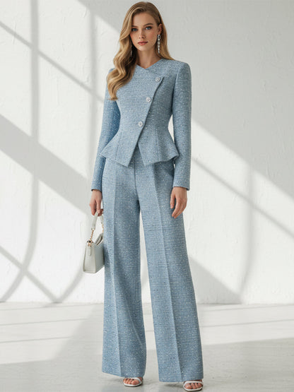 Elegant And Intellectual Blue Tweed Jacket And Wide-leg Pants Set