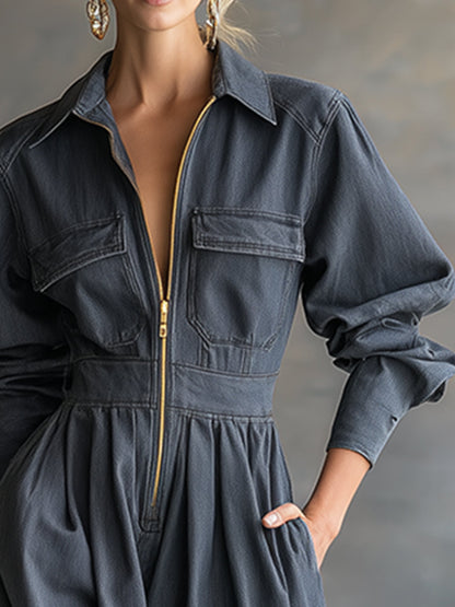 Fashionable Casual Lapel Front Zipper Pocket Gray Denim Long Sleeve Maxi Dress