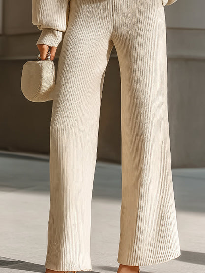 Beige Ribbed Knit Turtleneck Lounge Set