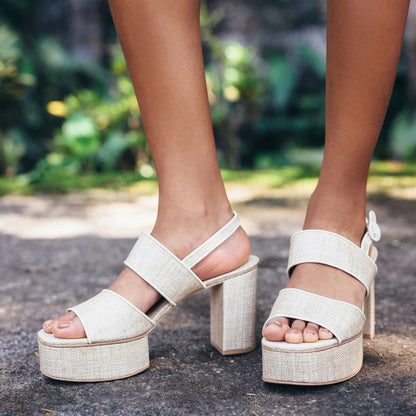 Beige Open Toe Chunky Heel Singback Sandals with Platform