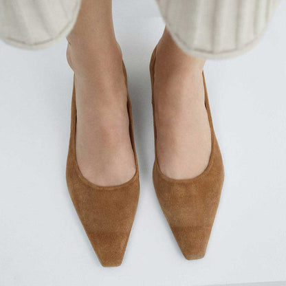 Beige Faux Suede Snip Toe Block Heel Slip-On Formal Pumps