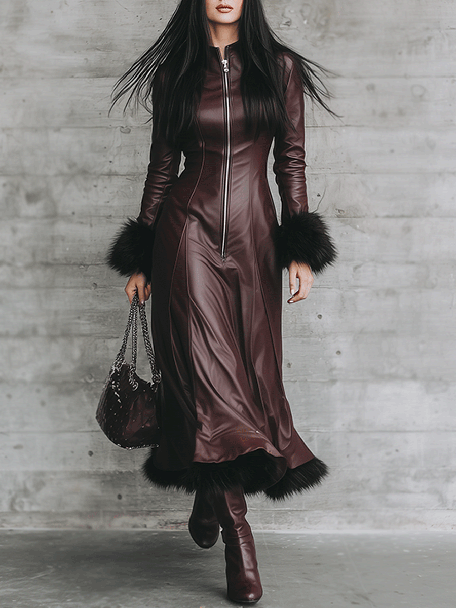 Elegant Burgundy Leather And Fur Trim Maxi Dress