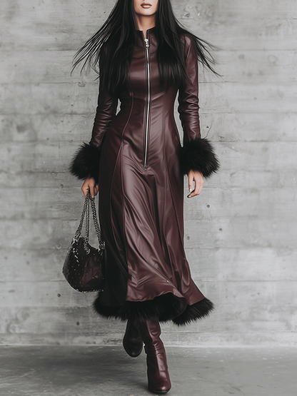 Elegant Burgundy Leather And Fur Trim Maxi Dress