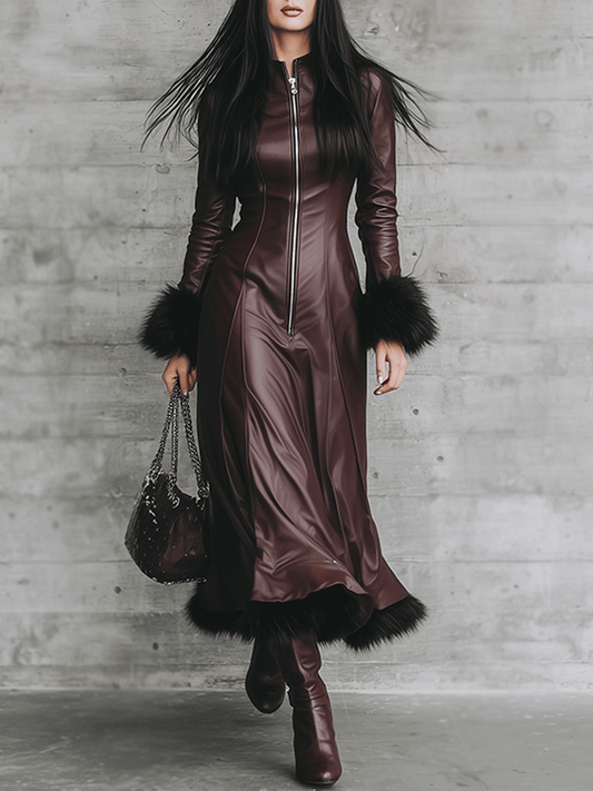 Elegant Burgundy Leather And Fur Trim Maxi Dress
