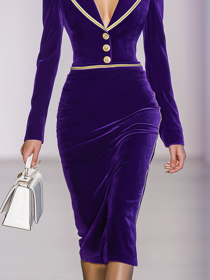Elegant And Chic Gold Ribbon Lapel Purple Velvet Midi Dress