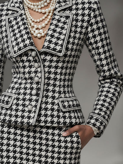 Elegant Black And White Houndstooth Lapel Blazer And Skirt Set