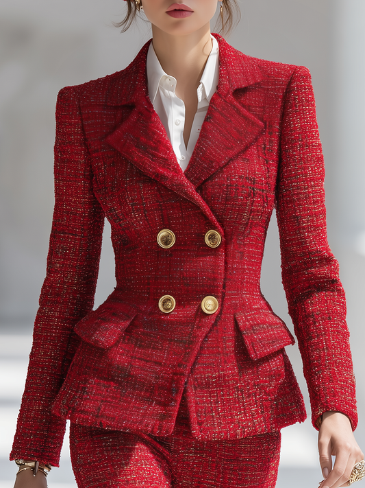 Elegant Vintage Gold Double-breasted Tweed Blazer