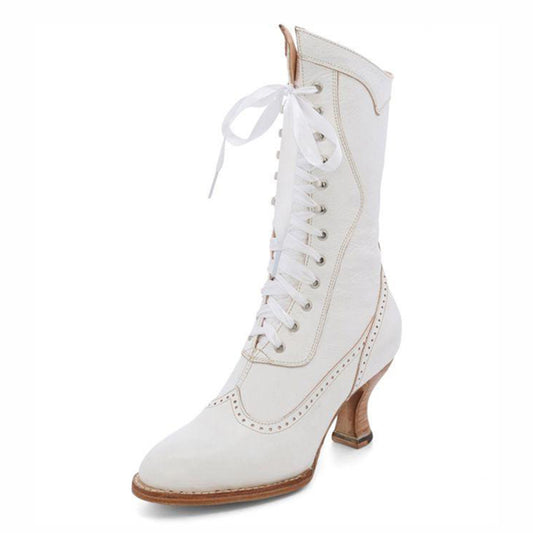 Elegant Lace-Up Almond Toe Mid-Calf Spool Heeled Boots in White