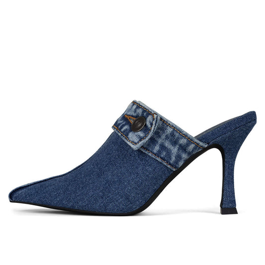 Elegant Blue Denim Pointed Toe Spool Heel Mules for Women